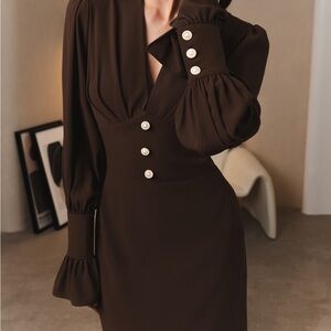 Elegant Brown Long Sleeve Midi Dress with Button Detail